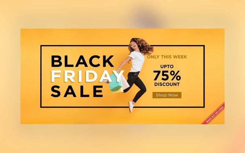 Fluid Black Friday Sale Banner with 75% Off On Golden Background Design Product Mockup