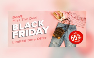 Black Friday Sale Banner with 55% Off On Pink Background Design Template
