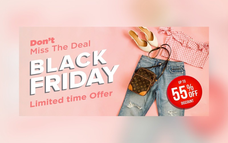 Black Friday Sale Banner with 55% Off On Pink Background Design Template Product Mockup