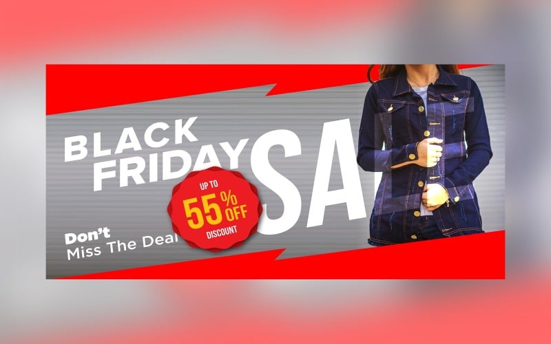 Black Friday Sale Banner with 55% Off On Red And Whit Background Design Template Product Mockup