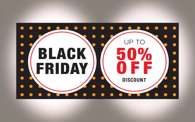 Black Friday Sale Banner with 50% Off On Black And Yellow Background Design Product Mockup