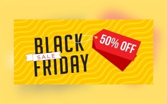 Black Friday Sale Banner with 50% Off On Yellow Background Design