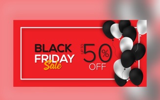 Black Friday Sales Banner with 50% Off and White and Black color Balloon Design Template