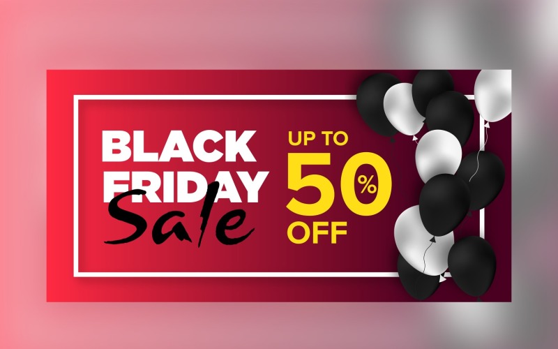 Black Friday Sales Banner with 50% Off Black and white Balloon Red Color Background Template Product Mockup