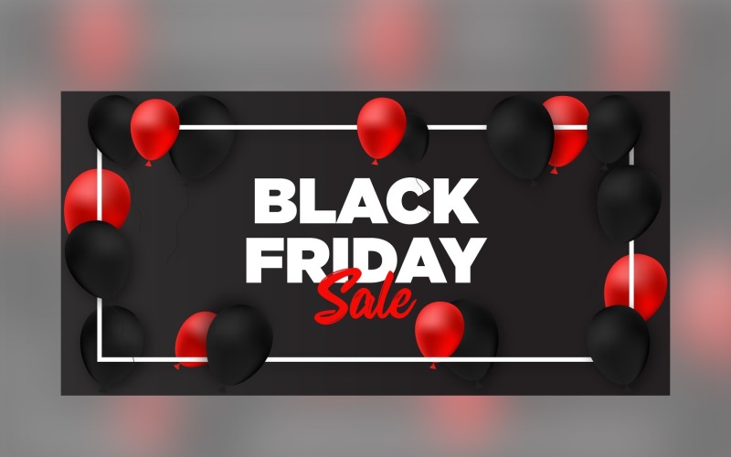 Black Friday Sales Banner with red and black Balloon and Black Color Background Design Product Mockup