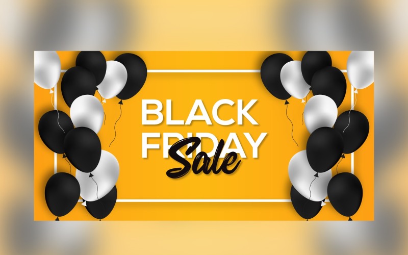 Black Friday Sales Banner with white and black color Balloon and Yellow Background Template Product Mockup
