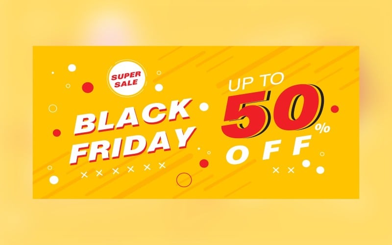 Black Friday Super Sale Banner with 50% Off On Yellow Background Design Product Mockup