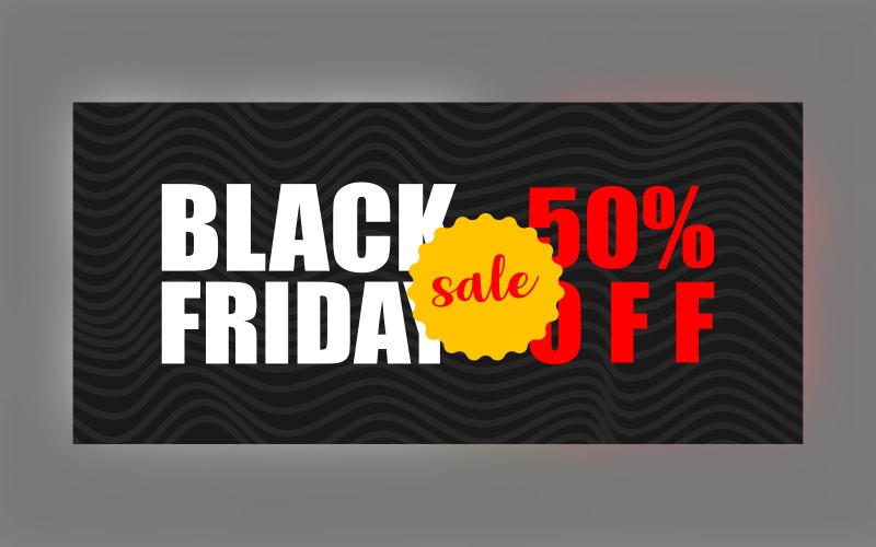 Fluid Black friday Sale Banner with 50% Off On Red And Yellow Background Design Template Product Mockup