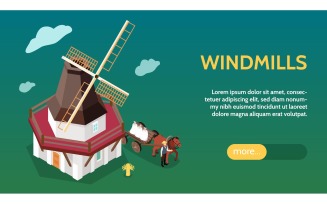 Isometric Windmills Horizontal Banner Vector Illustration Concept