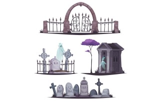 Old Cemetery Ghost Compositions Vector Illustration Concept