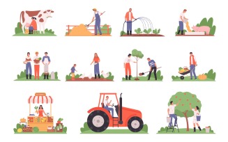 Agricultural Farm Harvesting People Set Vector Illustration Concept