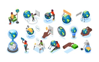 Earth Hour Isometric Recolor Vector Illustration Concept