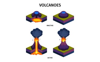 Volcano Eruptions Active Sleeping Set Vector Illustration Concept