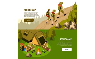 Isometric Scout Camp Banners Vector Illustration Concept
