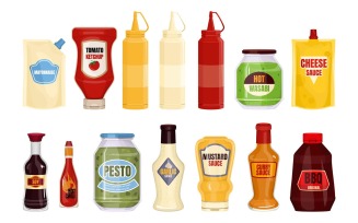 Sauce Ketchup Soy Mayonnaise Mustard Fast Food Packaging Set Vector Illustration Concept