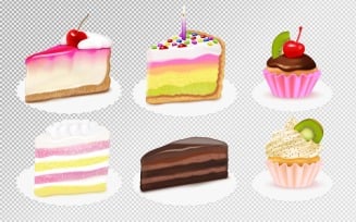 Cake Pieces Realistic Set Transparent Vector Illustration Concept