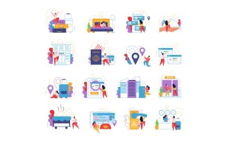Hostel And Tourists Flat Icons Vector Illustration Concept