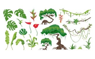 Jungle Plants Horizontal Set Vector Illustration Concept
