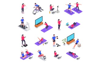 Online Fitness Workout Yoga At Home Isometric Set Vector Illustration Concept