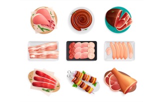 Meat Products On Plates Flat Set Vector Illustration Concept