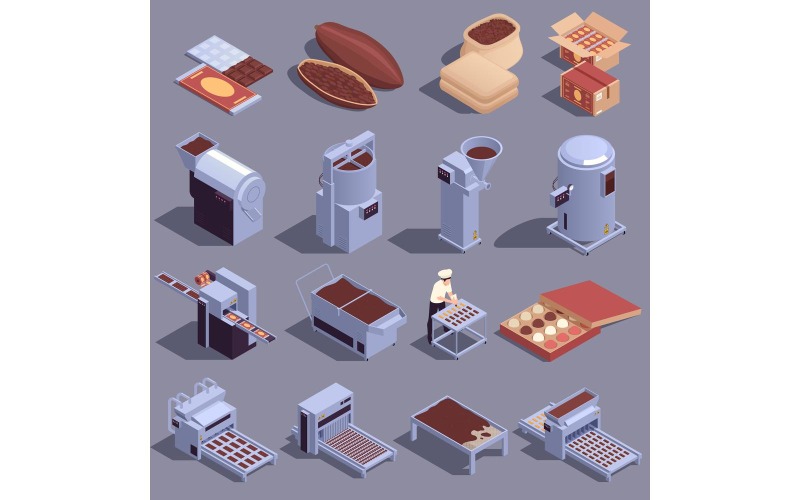 Chocolate Production Manufacture Isometric Set Vector Illustration Concept