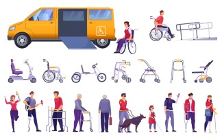 Disabled Transport People Flat Set Vector Illustration Concept