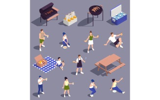 Family Picnic Barbecue Isometric Set Vector Illustration Concept