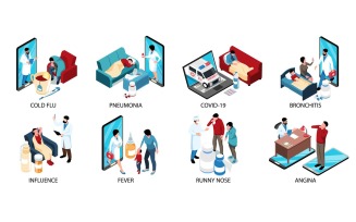 Isometric Cold Flu Compositions Vector Illustration Concept