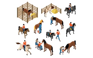 Isometric Horse Hippotherapy Stable Set Vector Illustration Concept