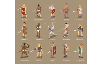 Roman Gladiators Isometric Set Vector Illustration Concept