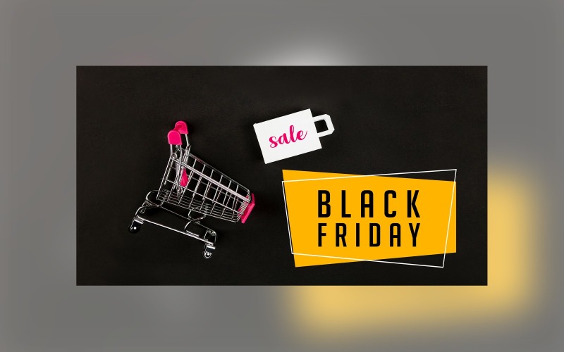 Black Friday Big Sale Banner with Cart and Hand Bags Black Color Background Design Template Product Mockup