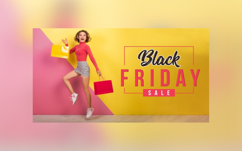 Black Friday Big Sale Banner With Hand bags and Yellow and Pink Color Background Design Template Product Mockup