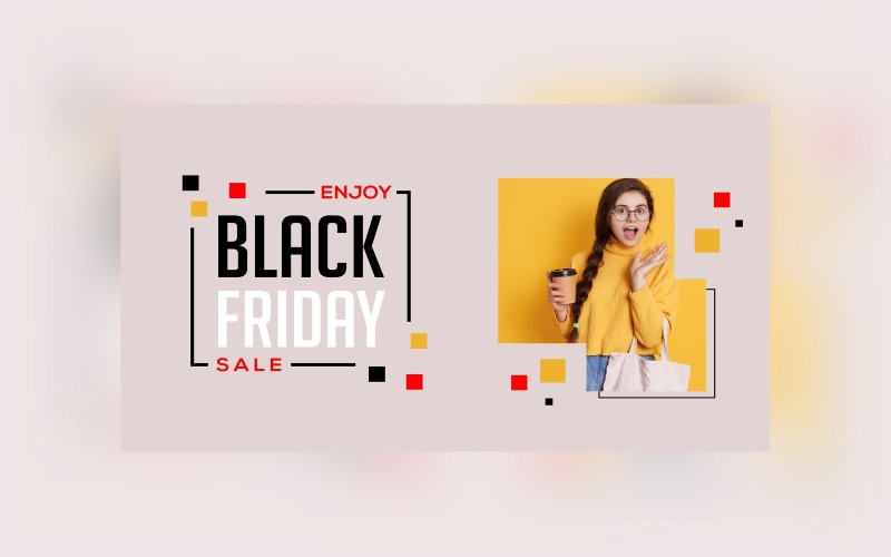 Black Friday Big Sale Banner With hand bags and yellow color model Design Template Product Mockup