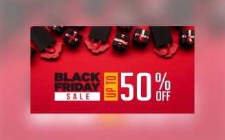 Black Friday Sale Banner 50% Off with Hand Bags Red Color background