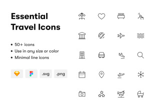 Essential Travel Icon Set - UI Elements, Food, Travel, Outdoors, Sketch, Figma, SVG, PNG, Graphics
