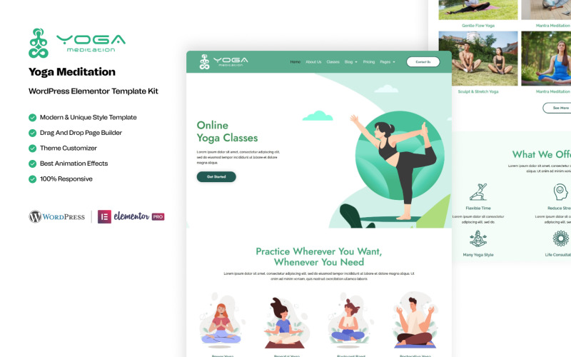 Yoga Meditation – Health and Fitness WordPress Elementor Template Kit Elementor Kit