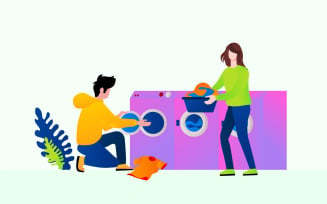 Couple Washing Clothes In Laundry Free Illustration Concept Vector
