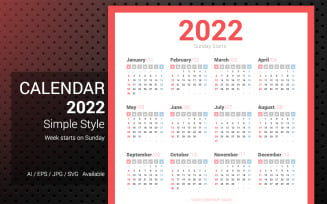 2022 Simple Calendar Sunday Starts Planner
