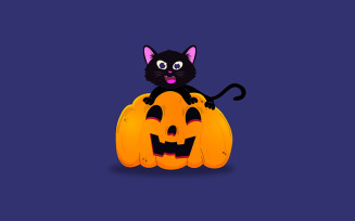 Happy Kitten on Halloween Pumpkin - Vector