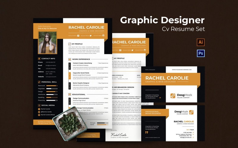 Graphic Designer Cover Letter CV Resume Set Resume Template