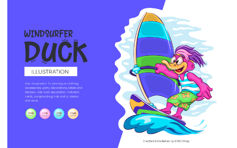 Cartoon Duck Windsurfer. Vector. Vector Graphic