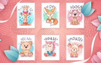 Set Animal: Fox, Dog, Bear, Horse, Mouse, Giraffe. Graphics Illustration