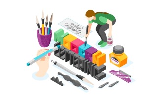Hobby Calligraphy Isometric Composition 210130113 Vector Illustration Concept