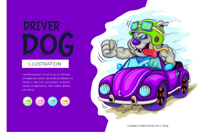 Cartoon dog driver. JPG, PNG, SVG. Vector Graphic