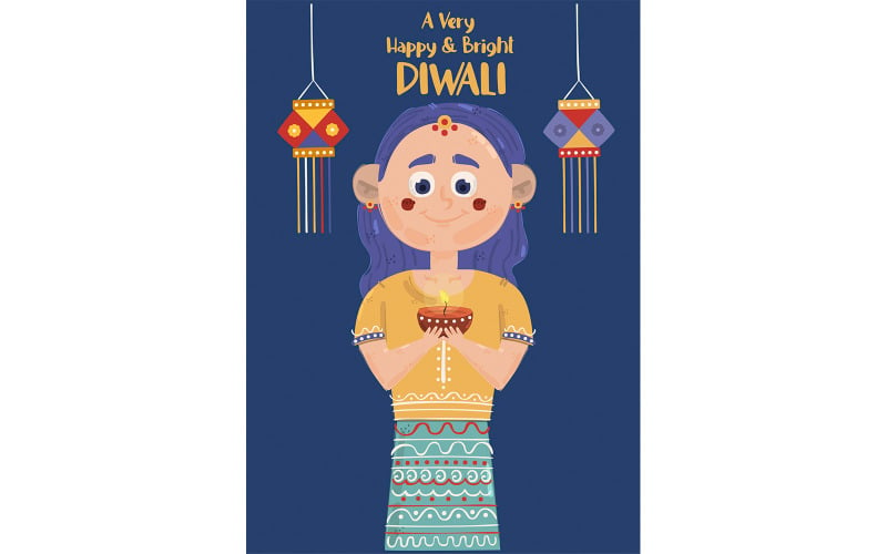 Happy Diwali with A Little Girl Illustration