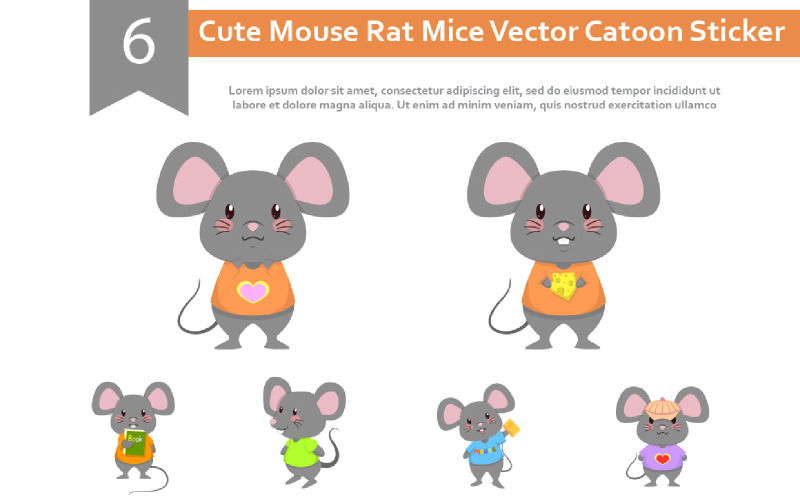 6 Cute Mouse Rat Mice Vector Catoon Sticker Illustration