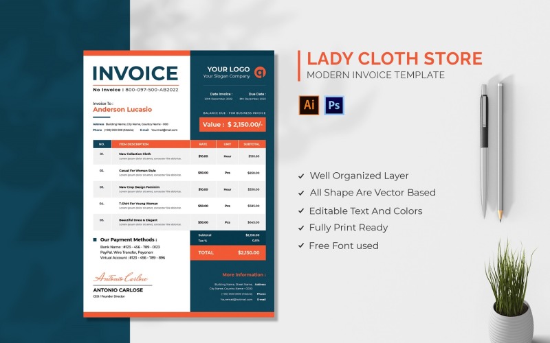 Lady Cloth Store Invoice Template Corporate Identity