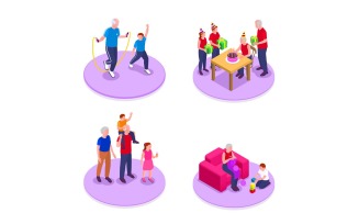 Grandfather And Grandmother With Grandchildren Isometric 210120117 Vector Illustration Concept
