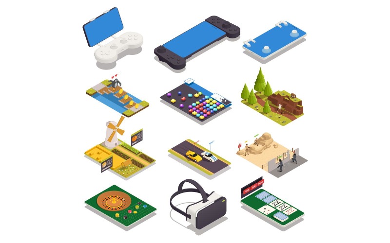Mobile Gaming Isometric Set 210110101 Vector Illustration Concept