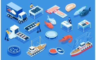 Isometric Fishing Production Color Set 201112132 Vector Illustration Concept